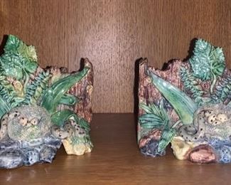 214. Pair of Palissy Majolica Continental Jardiniers w/ Snake & Nest of Eggs c.1880
