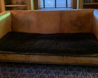 41. Ralph Lauren Brompton Leather Sofa w/ Brown Velvet Cushion (84" x 38" x 34")