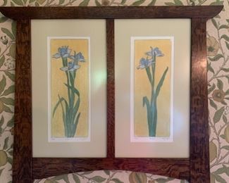 247. Pair of Arts & Crafts Woodblock "Iris" Signed Nejko 4/75 (24" x 22")