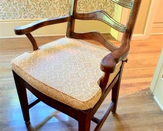 59. Greenbaum Plank Top Table w/ 2-18" leaves & 8 Chairs w/ Rush Seat & Custom Cushions Table (60") 2 Arm Chairs (25" x 24" x 40") 6 Side Chairs (19" x 20" x 40")