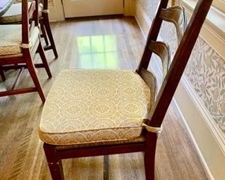59. Greenbaum Plank Top Table w/ 2-18" leaves & 8 Chairs w/ Rush Seat & Custom Cushions Table (60") 2 Arm Chairs (25" x 24" x 40") 6 Side Chairs (19" x 20" x 40")