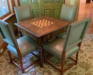 69. Oak Game Table w/ Game Board Top (36" x 36" x 29")                                                                                                                      67. Set of 4 Leather Side Chairs w/ Nailhead Detail (20" x 22" x 39")