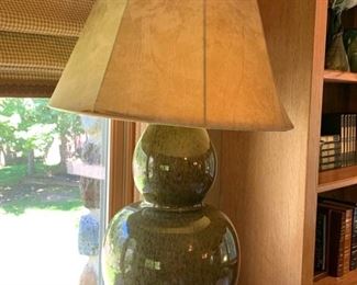 72. Pair of Green Vase Ceramic Gourd Shaped Lamps w/ Leather Shades (32") 
