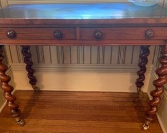 145. Antique 2 Drawer Desk w/ Barley Twist Legs on Casters w/ Leather Top Inset (42" x 21" x 30") 