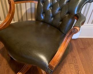 146. Green Leather Tufted Office Arm Chair on Casters (27" x 27" x32")