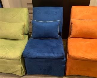 3 Ultrasuede Slipper Chairs (Orange, Royal Blue, Lime Green) (23" x 26" x 32") 