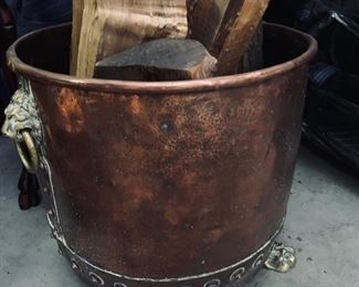 157. Early 19C Brass Lion Head & Paw, Beaten Copper Coal Bucket (20" x 17")