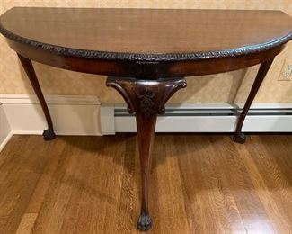 332. Antique Demi Lune Table with Carved Detail (46" x 22" x 29")