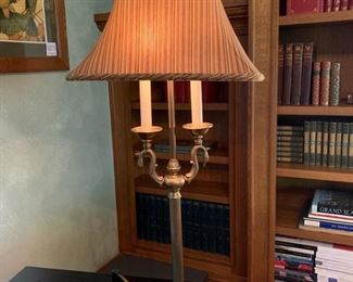 334. Brass Candlestick Lamp w/ Swan Detail and Frederick Cooper Shade (34")