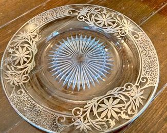 387. Antique Glass Plate w/ Sterling Silver Overlay (11")