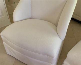 374. Pair of Linen Upholstered Accent Chairs (30" x 30" x 33") and Ottoman (26" x 19" x 17") (as is)