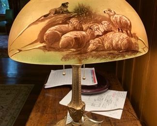 338. Arts and Crafts Lamp w/ Hand Painted Shade and Metal Base (21")