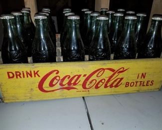 Vintage Yellow Coca-Cola Crate with 24 Coco-Cola Bottles