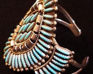 Native American Zuni Needlepoint Cuff Bracelet in Sterling & Turquoise