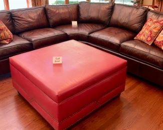 Lot 2100 $1,995.00 Bernhardt Warm Coffee Leather Sectional Sofa. Crafted with purposeful gradients of brown. Great Shape (curved corner). 2 pieces. Rolled Arms with Nailhead trim in a very fine buttery leather. Wooden Feet. Purchased at Walter E Smithe. Very Light signs of wear on the piping and cushions, but this could be intentional distress, and definitely no major issues are seen. 101" each side. x 39" deep x 40" h to back, 19.5" to seat cushion. Would fit in any style decor, family room, or rec room. Elegant. (Safe, throw pillows, and ottoman sold seperately)
