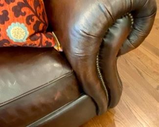 Lot 2100 $1,995.00 Bernhardt Warm Coffee Leather Sectional Sofa. Crafted with purposeful gradients of brown. Great Shape (curved corner). 2 pieces. Rolled Arms with Nailhead trim in a very fine buttery leather. Wooden Feet. Purchased at Walter E Smithe. Very Light signs of wear on the piping and cushions, but this could be intentional distress, and definitely no major issues are seen. 101" each side. x 39" deep x 40" h to back, 19.5" to seat cushion. Would fit in any style decor, family room, or rec room. Elegant. (Safe, throw pillows, and ottoman sold seperately)