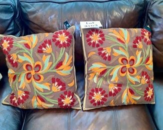 Lot 2103 $38.00. 2 Newport Pillows (brown, teal, rust) 16" Square. Lots of needlework here and fabulous colors!