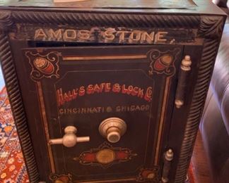 Lot 2102 $500.00 Hall's Safe and Lock Co. from a Doctor Office in Batavia (Dr. G.A. Norton) also has a combination! This item is VERY VERY HEAVY. We will NOT be moving it for you. Homeowners used it as a side table, but is a working safe! Has wheels. Awesome antique typography and patina! 21" W x 20" D x 32" H