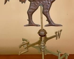 Lot 2106 Asking $175.00 Weather Vane w/ rooster. Brass base with Copper Rooster. Vintage 20" tall x 10" in diameter. This is a cute piece that evokes a farmhouse whimsical, eclectic addition to your decor. Love it.