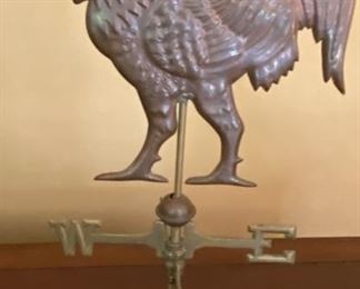 Lot 2106 Asking $175.00 Weather Vane w/ rooster. Brass base with Copper Rooster. Vintage 20" tall x 10" in diameter. This is a cute piece that evokes a farmhouse whimsical, eclectic addition to your decor. Love it.