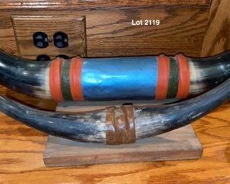 Lot 2119 $75.00 Plaque with two sets of Steer Horns (real) and a cute Parrot candle on legs