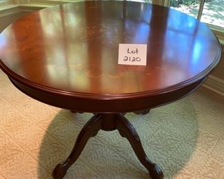 Lot 2120 $325.00. Beautiful Inlaid, round foyer table with leaf design. 39"Round x 30" T