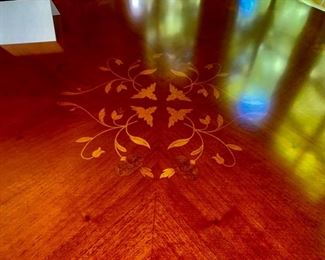 Lot 2120 $325.00. Beautiful Inlaid, round foyer table with leaf design. 39"R x 30" H
