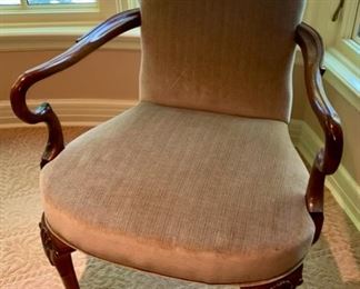 Lot 2121, 165.00 Lovely Wood and Microfiber chair. Sage Green velour, microfiber upholstered seat and back and gorgeous carved wood legs and arms 18" D, 36" H x 25" W Color is more accurate in next photo. Perfect chair for anyone, but especially a senior that has trouble getting out of a chair - the arms are perfect for helping.