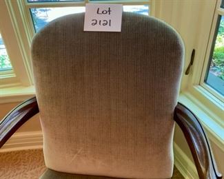 Lot 2121, 165.00 Lovely Wood and Microfiber chair. Sage Green velour, microfiber upholstered seat and back and gorgeous carved wood legs and arms 18" D, 36" H x 25" W Color is more accurate in this photo. Perfect chair for anyone, but especially a senior that has trouble getting out of a chair - the arms are perfect for helping.