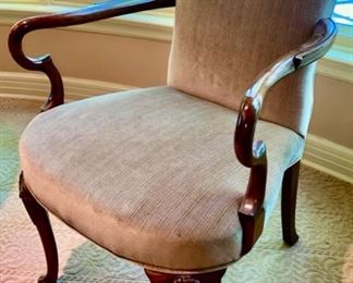 Lot 2121, 165.00 Lovely Wood and Microfiber chair. Sage Green velour, microfiber upholstered seat and back and gorgeous carved wood legs and arms 18" D, 36" H x 25" W Color is more accurate in previous photo. Perfect chair for anyone, but especially a senior that has trouble getting out of a chair - the arms are perfect for helping.