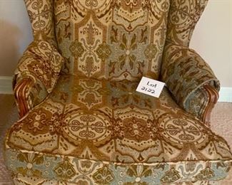 Lot 2122, $180.00 Upholstered, wingback chair with wood trim -upholstery in green, brown & cream tapestry 38" H x 30" W x 19"H floor to seat & chair seat is 20" D. Were this mine, I'd throw a couple turquoise throw pillows on for pop! Its a well-crafted chair, and half-price!
