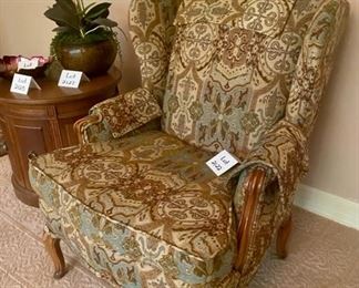 Lot 2122, $180.00 Upholstered, wingback chair with wood trim -upholstery in green, brown & cream tapestry 38" H x 30" W x 19"H floor to seat & chair seat is 20" D. Were this mine, I'd throw a couple turquoise throw pillows on for pop! Its a well-crafted chair, and half-price!Lot 2122, $180.00 Upholstered, wingback chair with wood trim -upholstery in green, brown & cream tapestry 38" H x 30" W x 19"H floor to seat & chair seat is 20" D. Were this mine, I'd throw a couple turquoise throw pillows on for pop! Its a well-crafted chair, and half-price!