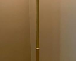 Lot 2124 $175.00 Gold tone, gorgeous torchiere floor lamp. Frosted, crosshatch patterned glass shade. Lamp is embellished with porcelain roses and a crystal accoutrement below the shade. Floor switch has glider dimmer. 70.5" T