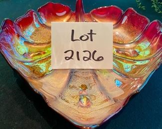 Lot 2126 $35.00 Antique, amber-colored leaf dish with red glass trim. 11" L x 12" W x 3" H