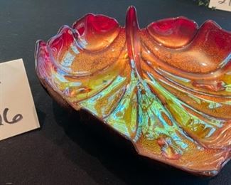 Lot 2126 $35.00 Antique, amber-colored leaf dish with red glass trim. 11" L x 12" W x 3" H Lovely and for $17.50 Perfect for holding nuts at Thanksgiving!