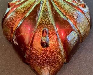 Lot 2126 $35.00 Antique, amber colored leaf dish with red glass trim. 11" L x 12" W x 3" H View of Bottom. Awesome piece.