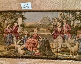 Lot 2131, $50.00 Large Tapestry - Made in Belgium- depicting colonial images 20" H x 56" W - Surely you or someone you know appreciate the old tapestries from days of yore. And a tremendous gift at half price!