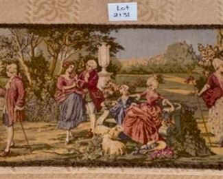Lot 2131, $50.00 Large Tapestry - Made in Belgium- depicting colonial images 20" H x 56" W - Surely you or someone you know appreciate the old tapestries from days of yore. And a tremendous gift at half price!