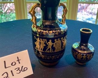 Lot 2136 $45.00 Greek 2-handled vase and a small bud vase. Black with beautiful 24K gold Archagelos Rodos. Urn is 9"H x 5" W & bud vase is 5"H x 3" W