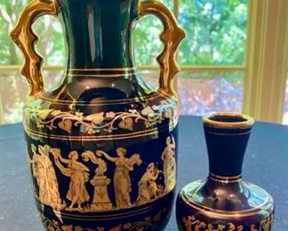 Lot 2136 $45.00 Greek 2-handled vase and a small bud vase. Black with beautiful 24K gold Archagelos Rodos. Urn is 9"H x 5" W & bud vase is 5"H x 3" W Wonderful Craftsmanship