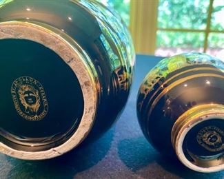 Lot 2136 $45.00 Greek 2-handled vase and a small bud vase. Black with beautiful 24K gold Archagelos Rodos. Urn is 9"H x 5" W & bud vase is 5"H x 3" W Wonderful Craftsmanship