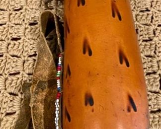 Lot 2160, $40.00. Vintage Mask with shells and beads from Zaire, Carved gourd African water carrier.