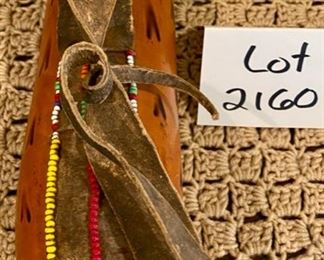 Lot 2160, $40.00. Vintage Mask with shells and beads from Zaire, Carved gourd African water carrier.