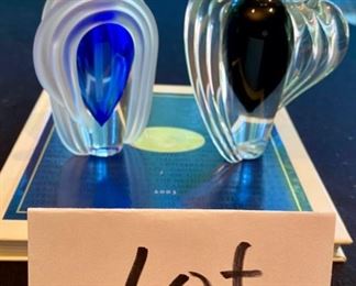 Lot 2145, $95.00. Two Art Glass Hand-Blown Perfume bottles, Cobalt Crystal signed Thomas Buechner - Both are 6.5"t x 4" w, Art Deco influence. This Lot would pair well with Lot 2553.