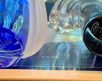 Lot 2145, $95.00. Two Art Glass Hand-Blown Perfume bottles, Cobalt Crystal signed Thomas Buechner - Both are 6.5"t x 4" w, Art Deco influence. This Lot would pair well with Lot 2553.