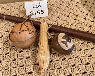 Lot 2155 $45.00 Vintage Blow Gun with Quiver and Blow darts as well as Carved Gourds