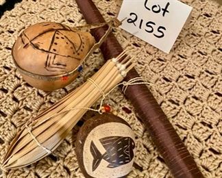 Lot 2155 $45.00 Vintage Blow Gun with Quiver and Blow darts as well as Carved Gourds
