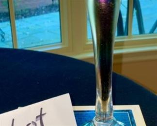 Lot 2148, $95.00 Tall, slender and beautiful oil lamp crafted of hand-blown iridescent art glass in the style of Favrile glass by Louis Comfort Tiffany. Signed by Brian Maytum of Naperville. 10" H.