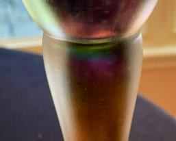 Lot 2148, $95.00 Tall, slender and beautiful oil lamp crafted of hand-blown iridescent art glass in the style of Favrile glass by Louis Comfort Tiffany. Signed by Brian Maytum of Naperville. 10" H. Just Beautiful!!