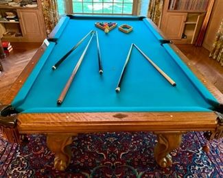 Lot 2169 Sunday Discounted Price: $700 FIRM. Was $975.00 Peter Vitale 8' professional pool table & accessories. Includes Pool cues, Set of Billiard Balls, Bridge, 15 and 8 Ball Racks, Chalk and Pool Cue Rack. Felt has been replaced within the last 2 years. Ask us about Delivery Services from one of our vendors. Typically $450.00 to break down and assembly at your home. Includes balancing of the pool table. (Rug is lot 2245).